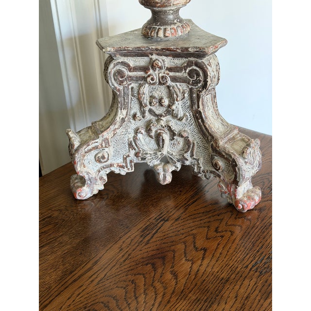 Wood Pair of Monumental Distressed Carved Wood Pricket Floor Candlesticks, 36.5 Inches Tall For Sale - Image 7 of 12