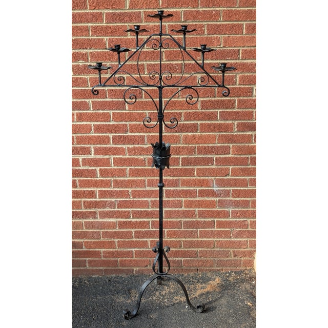 1920s Antique Black Wrought Iron Floor Standing Candlabra For Sale - Image 5 of 11