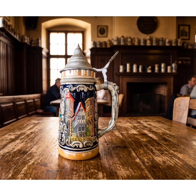 Vintage German Lidded Beer Stein Mug with Relief Town Views in Glazed Stoneware, 1950s For Sale - Image 3 of 15