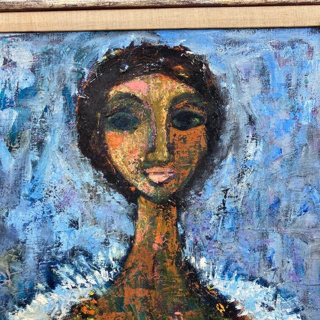 1960s 1960’s Original Abstract Expressionist Portrait of Woman With Her Cat Fancy Silver Leaf Frame For Sale - Image 5 of 9