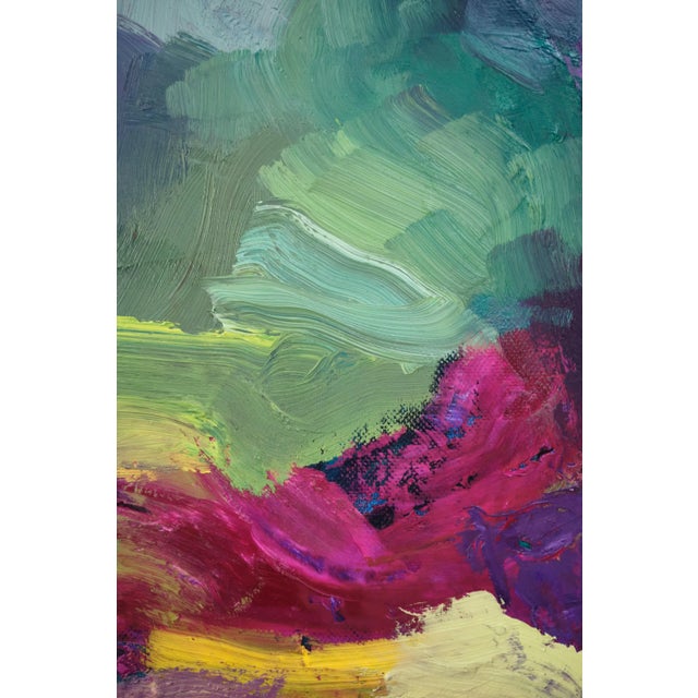 Oil paint was initially pushed around in swirl-like motions with a palette knife. Over several months the canvas was...