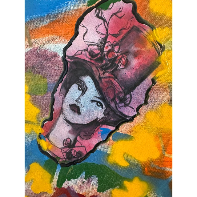 Abstract Large Vibrant Abstract Mixed Media Painting on Canvas Ornate Silver Frame Statement Art For Sale - Image 3 of 12