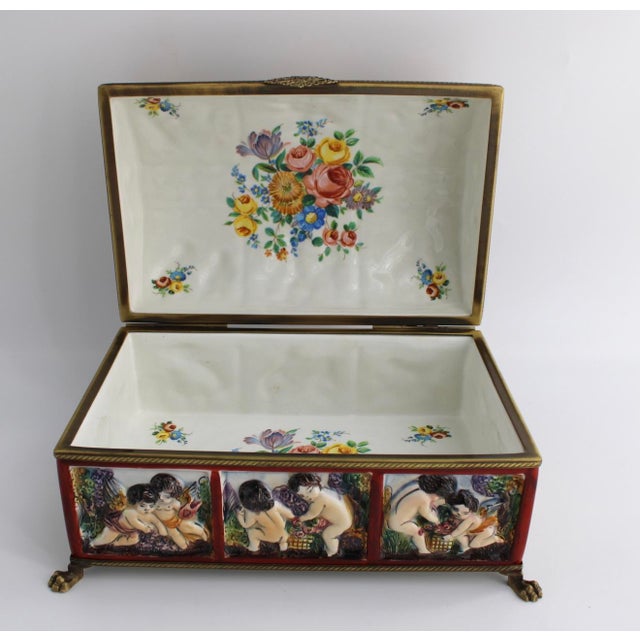 Cream 1950s Rare Large Italian Capodimonte Porcelain Majolica Box W/ Putti Relief For Sale - Image 8 of 11