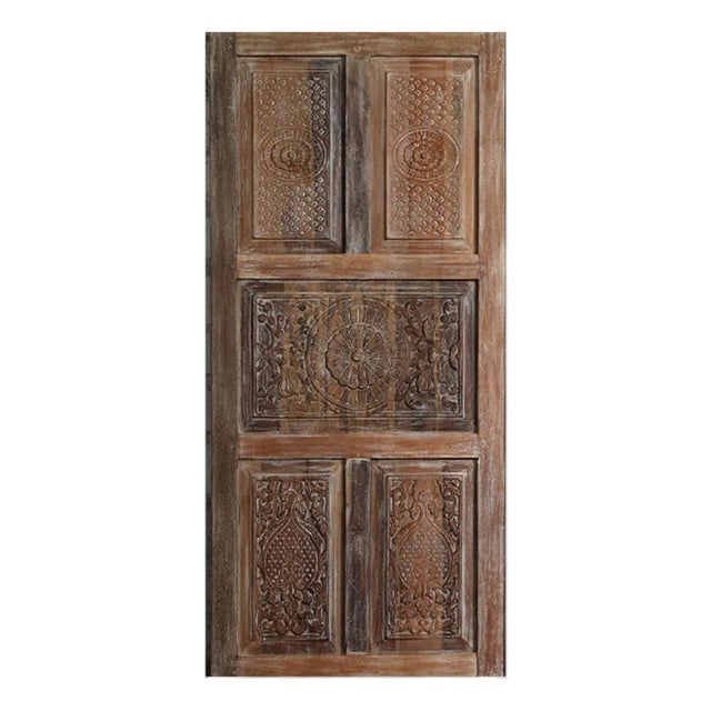 Antique Floral Carved Rustic Wood Sliding Barn Door – Statement Bedroom Door 80x36 For Sale