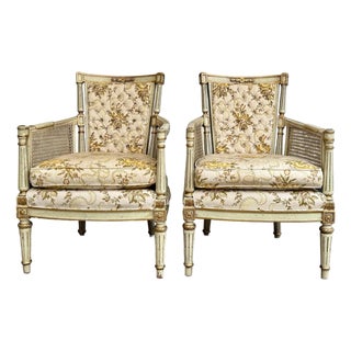 1950s Pair of Hibriten Chair Co. Louis XVI-Style Bergère Armchairs | Cream & Gilt | Cane Sides | Floral Brocade | Lenoir Nc For Sale