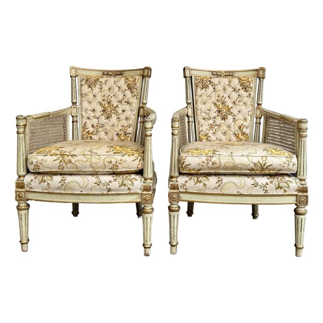 1950s Pair of Hibriten Chair Co. Louis XVI-Style Bergère Armchairs | Cream & Gilt | Cane Sides | Floral Brocade | Lenoir Nc For Sale