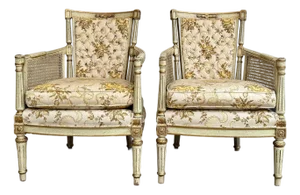 1950s Pair of Hibriten Chair Co. Louis XVI-Style Bergère Armchairs | Cream & Gilt | Cane Sides | Floral Brocade | Lenoir Nc