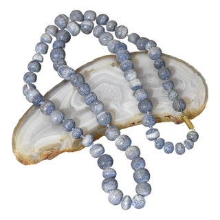 Vintage Natural Denim Blue Sponge Coral Hand Knotted Bead Necklace 32" Long For Sale