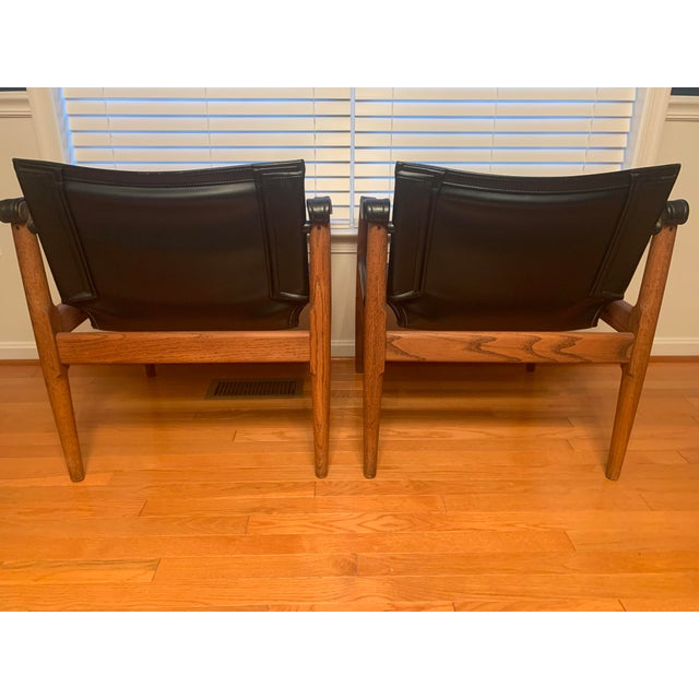 Brown Saltman Solid Oak & Black Leather Safari Sling Chairs by Douglas