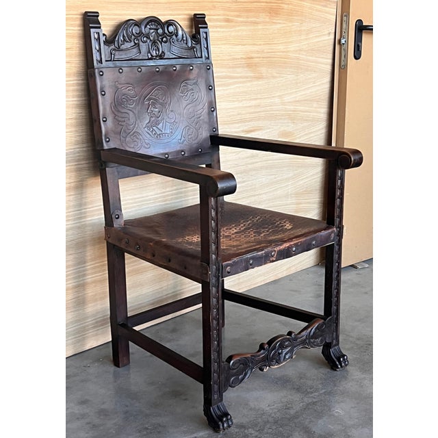 Spanish 19th Spanish Carved Walnut Armchair with New Black Leather and Solomonic Columns For Sale - Image 3 of 18