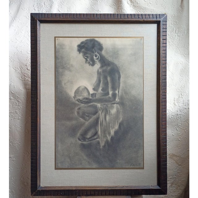 Vintage Mid-Century Figurative Charcoal Drawing of Kneeling Figure With Glowing Orb – Signed "Fryson" For Sale - Image 4 of 8