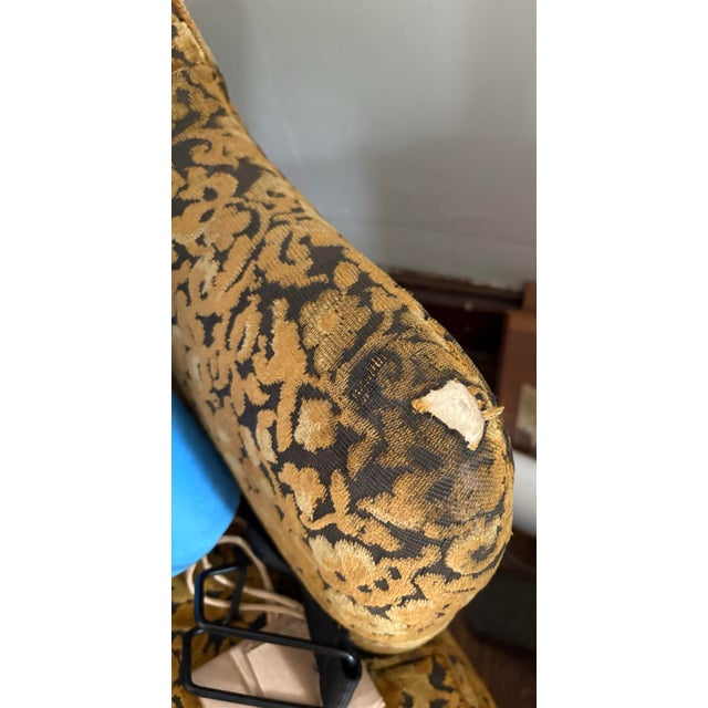 Mid-Century Modern Mid-Century Throne-Height Wingback Chair & Matching Claw-Foot Ottoman in Gold Brocade Velvet For Sale - Image 3 of 6