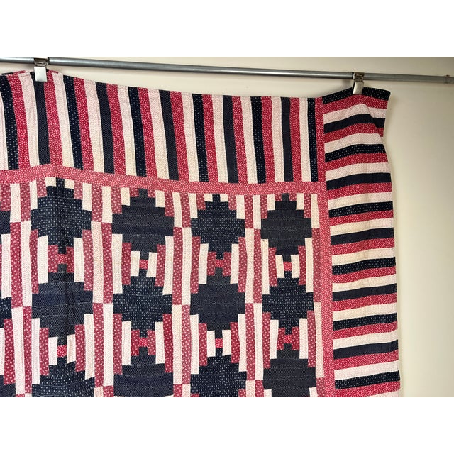 Matching Pair of Antique American Patriotic Hand Quilted Log Cabin Quilts C. Early 20th Century For Sale - Image 12 of 13