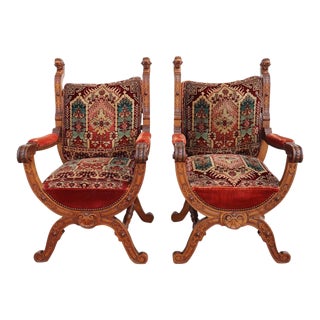 French/German Renaissance Revival Oak Upholstered Library Armchairs - A Pair For Sale