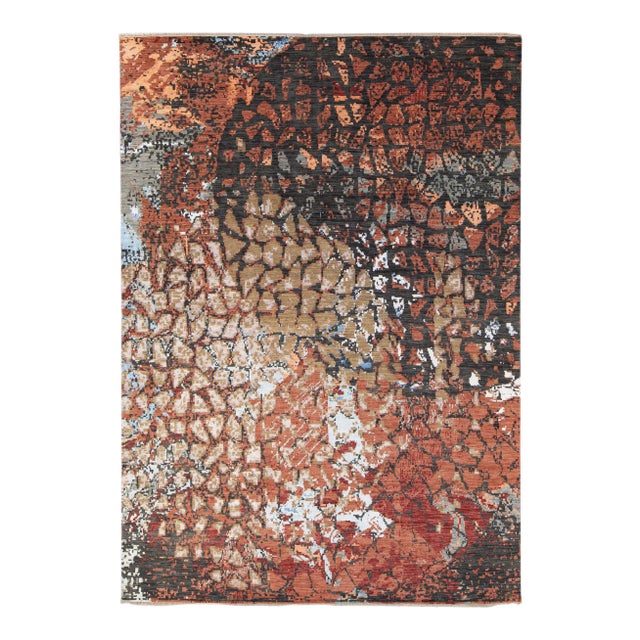 Modern Orange and Gray Handmade Geometric Abstract Wool and Silk Rug For Sale