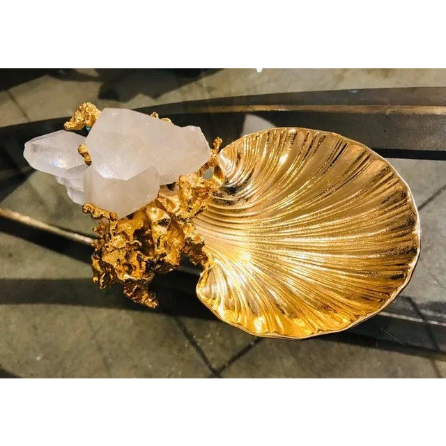 A wonderful 1970s exploding 24-karat gold bronze sculpture dish with two large quartz clusters by French artist, Claude...