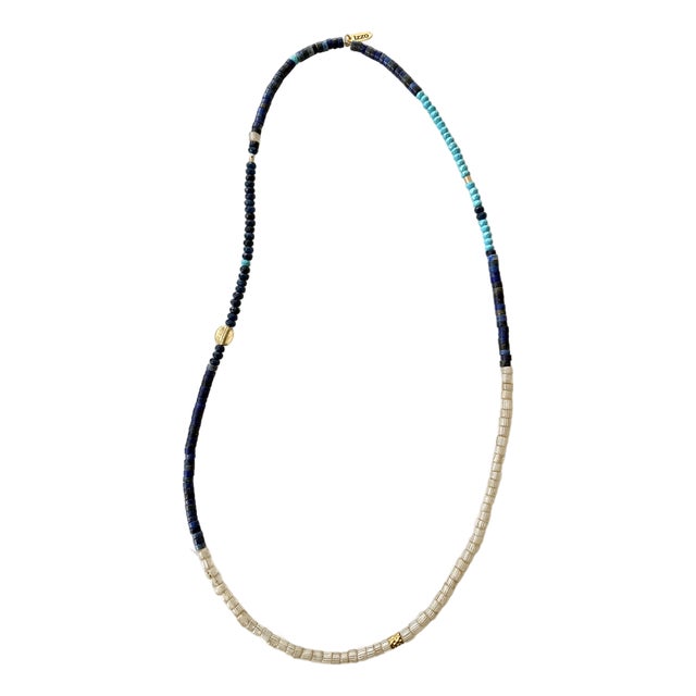 Turquoise Lapis African Trade Beads With Gold Spacers 24” Long Necklace For Sale