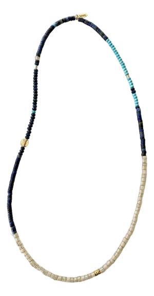 Turquoise Lapis African Trade Beads With Gold Spacers 24” Long Necklace