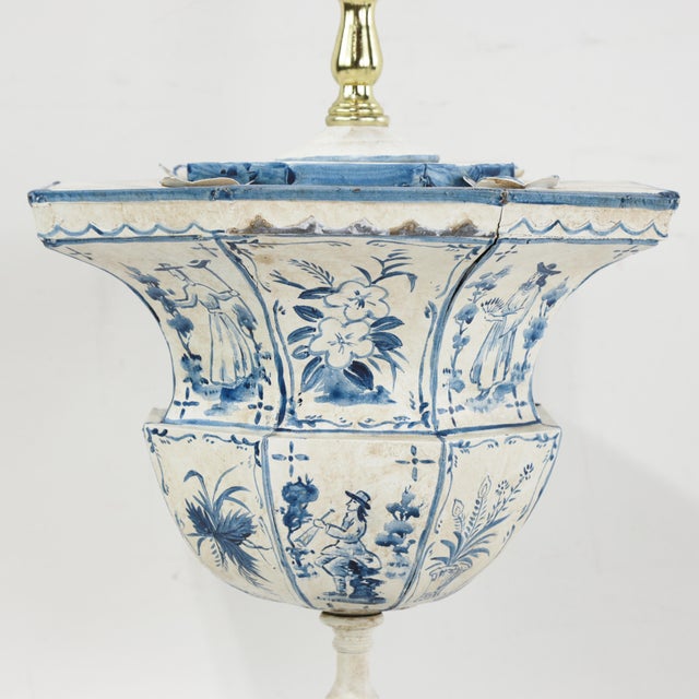 Vintage Hand-Painted Dutch Blue and White Tile-Style Metal Table Lamp - Octagonal Urn With Pastoral Scenes For Sale - Image 10 of 17