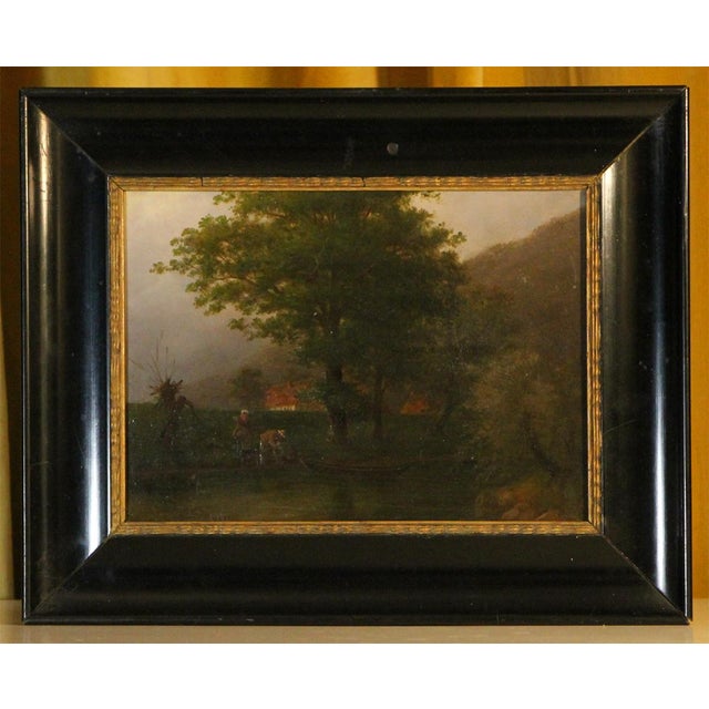 Walther Wünnenberg, Evening Landscape with Boat and Figures, 19th Century, Oil on Wood, Framed For Sale - Image 4 of 6