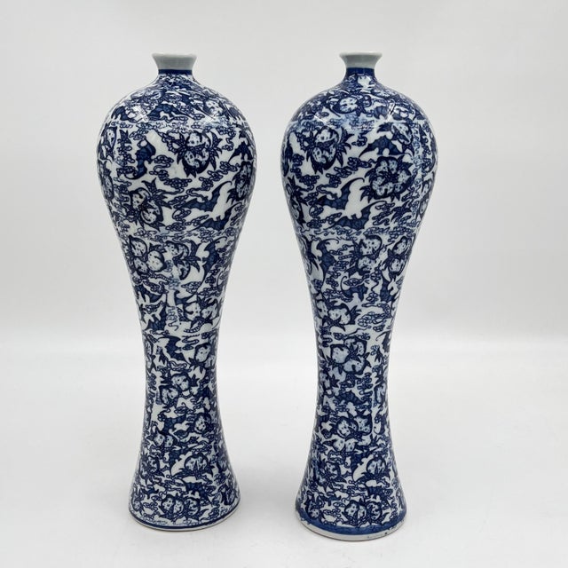 Vintage Chinoiserie Blue and White Tall Slender Dragon Vases - A Pair For Sale In New York - Image 6 of 9
