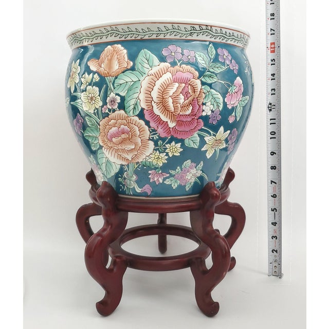 Chinoiserie Chinese Goldfish Fishbowl Planter & Wood Stand For Sale - Image 3 of 10