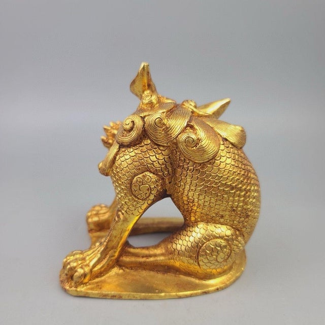 Traditional Gilt Bronze Qilin Paperweight – 3.9" Mythical Beast Sculpture With Scale Detail For Sale - Image 3 of 9
