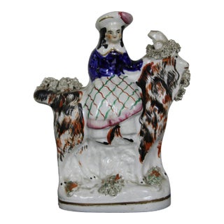 Antique English Staffordshire Porcelain Figurine Scottish Girl Riding Goa For Sale