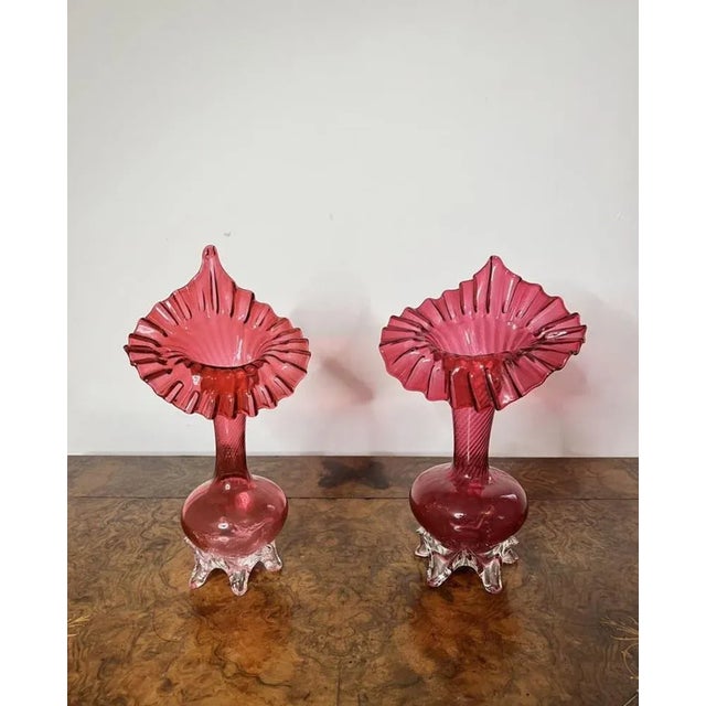 Quality pair of antique Victorian cranberry glass jack in the pulpit vases raised on circular bases. D. 1860