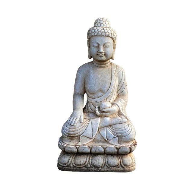 Stone Chinese Oriental Distressed White Marble Stone Carved Sitting Buddha For Sale - Image 7 of 7