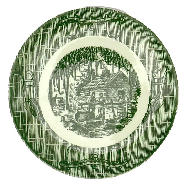 Charming set of 4 transferware plates - perfect for displaying in a cabinet or on a wall. Forest green striated rim with...