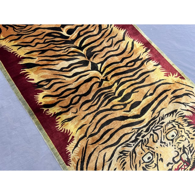 1950s Golden Yellow Silk Tiger Design Pictorial Rug – Handmade Tribal Caucasian Rug For Sale - Image 5 of 11