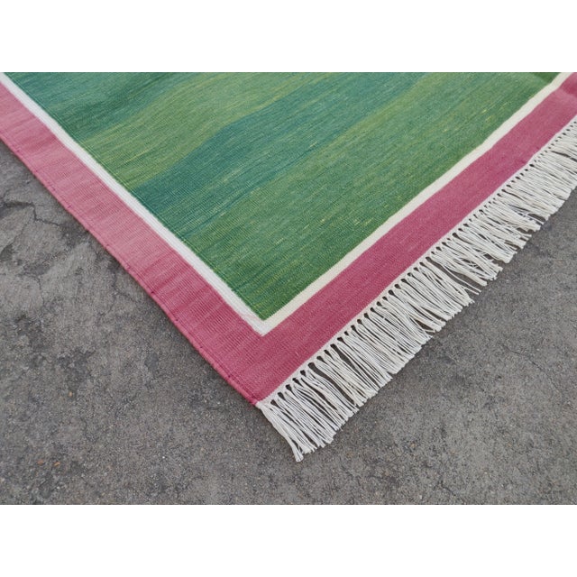 Not Yet Made - Made To Order Handmade Cotton Area Rug Vegetable Dyed Green With Raspberry Pink Bordered Dhurrie - 8'x10' For Sale - Image 5 of 11