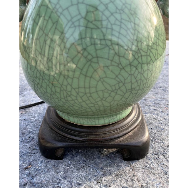 Celadon Crackle Vase MCM Table Lamp With Dragon Handles For Sale - Image 4 of 9