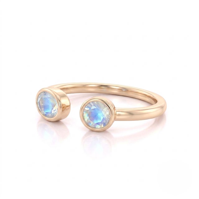 Contemporary Rainbow Moonstone Two Stone Ring | 18k Gold Palted Stacking Ring | June Birthstone Ring Us 7 For Sale - Image 3 of 3