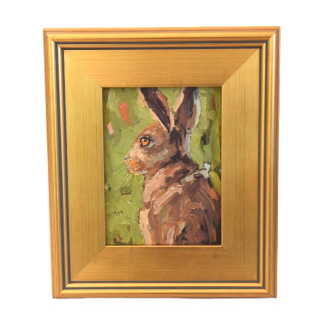 2020s Impressionist Rabbit Hare Oil Painting Includeing the Antiuqued Gold Wood Frame For Sale - Image 5 of 5