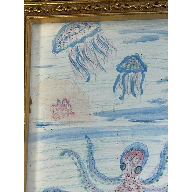 Abstract 1970s Cute Octopus & Jellyfish Small Art Painting Framed For Sale - Image 3 of 4