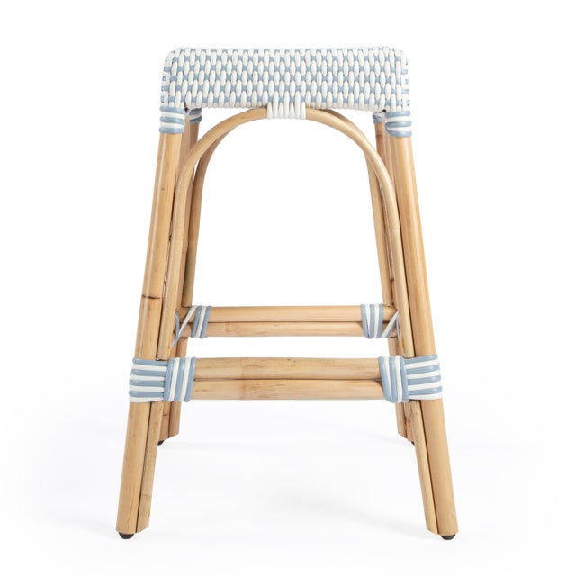 Robias 24.5 in. Seat Height Rectangular Rattan Backless Counter Stool with Footrest, White/Sky Blue Dot / Natural Rattan Frame For Sale In Chicago - Image 6 of 9