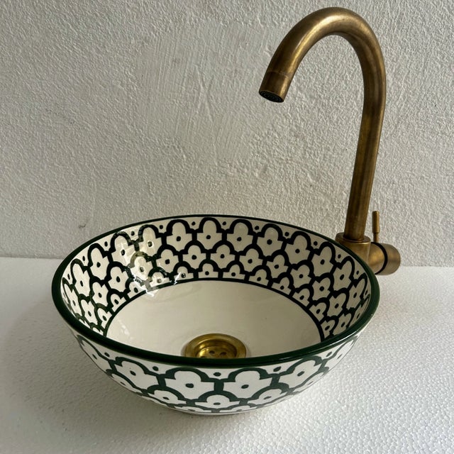 Green Handcrafted Ceramic Green Vessel Sink Basin, Brass Drain For Sale - Image 8 of 9