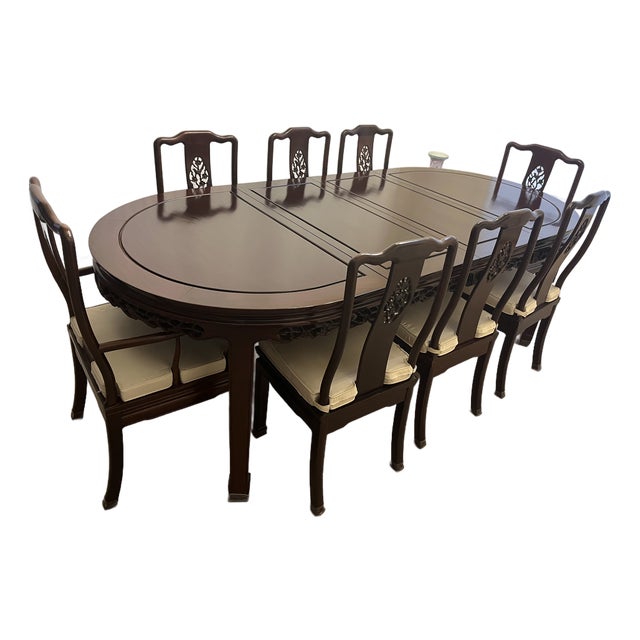 Solid Rosewood Dining Table and Eight Chairs For Sale