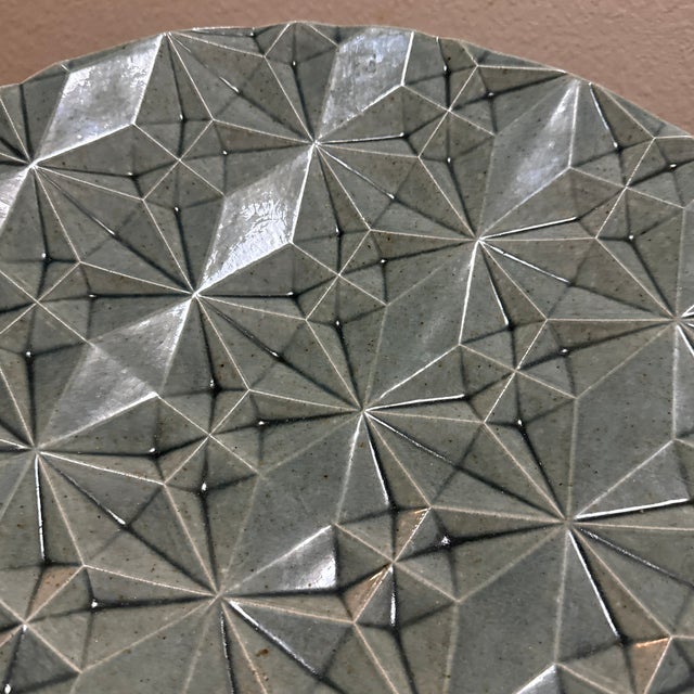 Oversized Sage Ceramic Art Bowl With Raised Three-Dimensional Geometric Starburst Pattern For Sale - Image 4 of 7