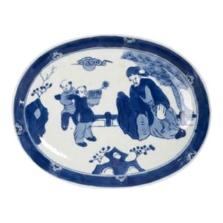 Exceptional 19th-Century Chinese Export Blue & White Porcelain Platter — Elegant Figural Scene For Sale