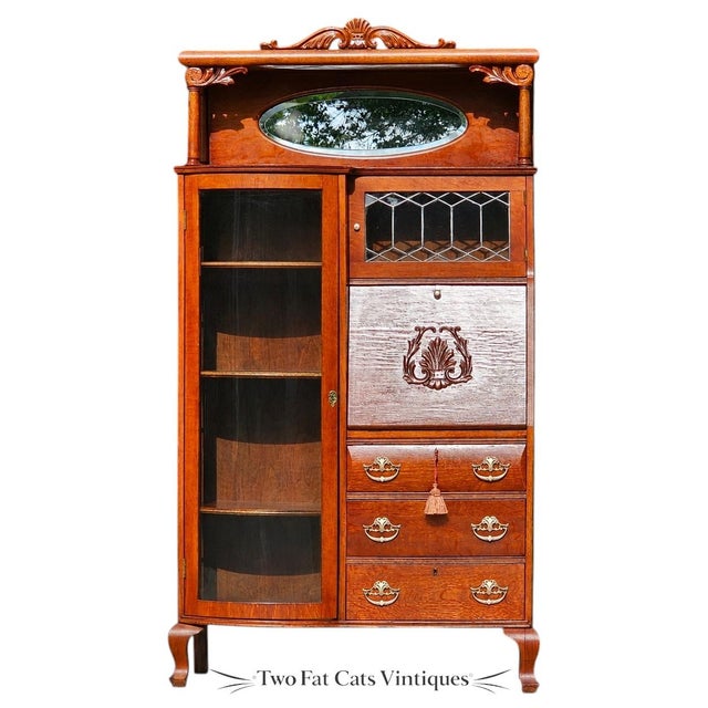 Victorian Antique Oak Side-by-Side Secretary Desk | Bookcase | China Cabinet | Larkin-Style For Sale - Image 3 of 15