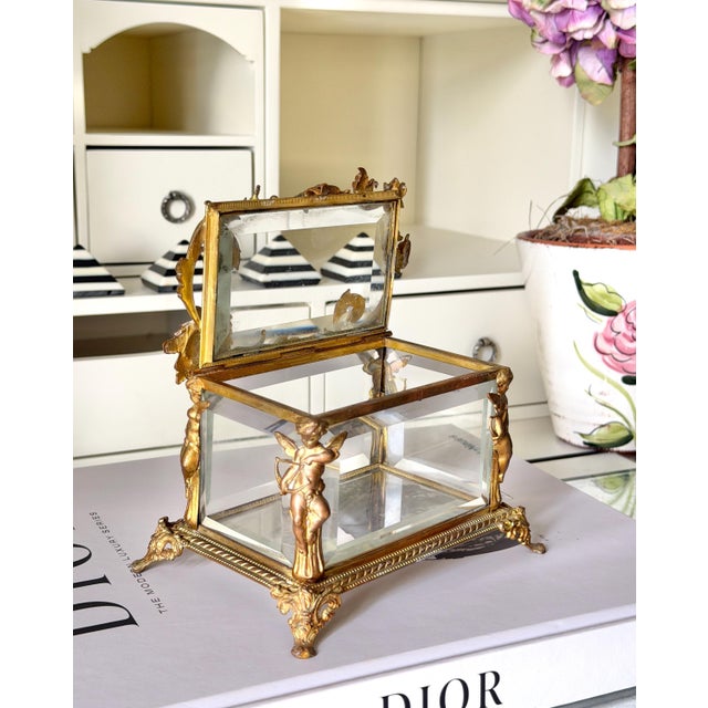 French Vintage or Antique French or French Style Jewelry Casket Box With Brass/Bronze Cherub Mount 5.5"x 3.75"x3 5/8" For Sale - Image 3 of 14
