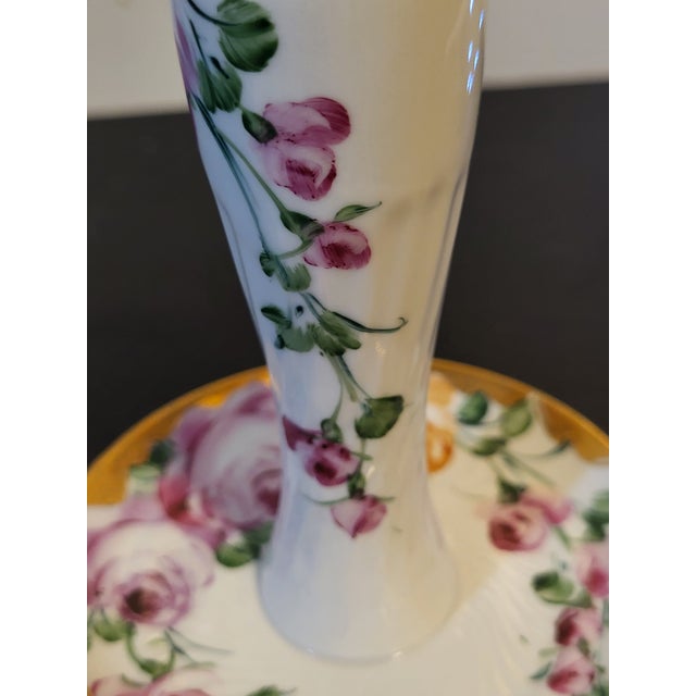 1960s Limoges Porcelain Hatpin Holder Gold Trim Floral Hand-Painted For Sale - Image 10 of 13