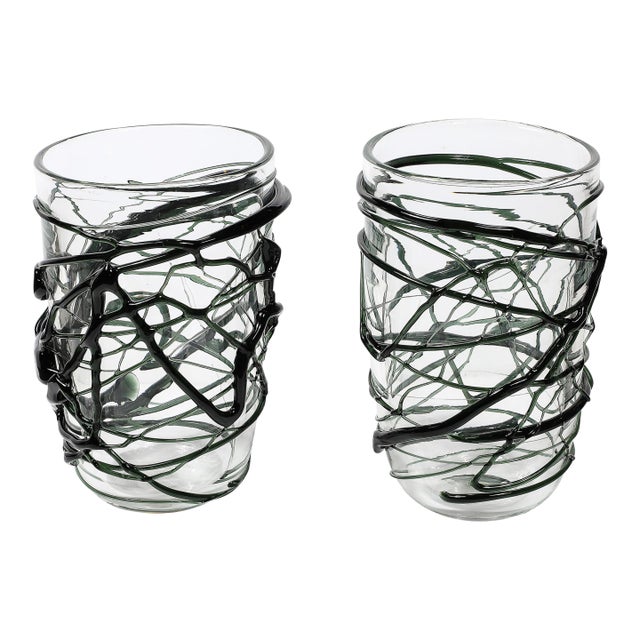 Hand-Blown Murano Glass Vases With Organic Viridian Green Sculptural Striations For Sale