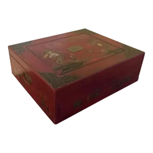 Antique 19th Century English Red Lacquer Chinoiserie Chest for Jewelry Decorated with Chinese Figures