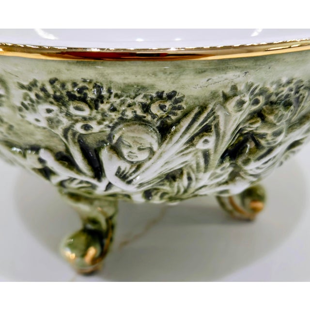 Vintage R. Capodimonte Italian Porcelain Covered Dish With Putti & Birds, Footed Green Gold Compote For Sale - Image 10 of 13