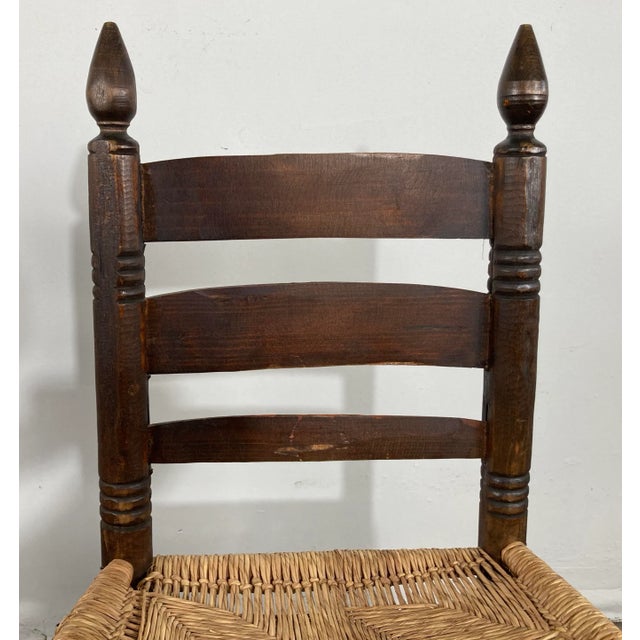 Vintage Primitive Turned Wood Woven Seat Ladderback Chairs, a Pair For Sale - Image 10 of 10