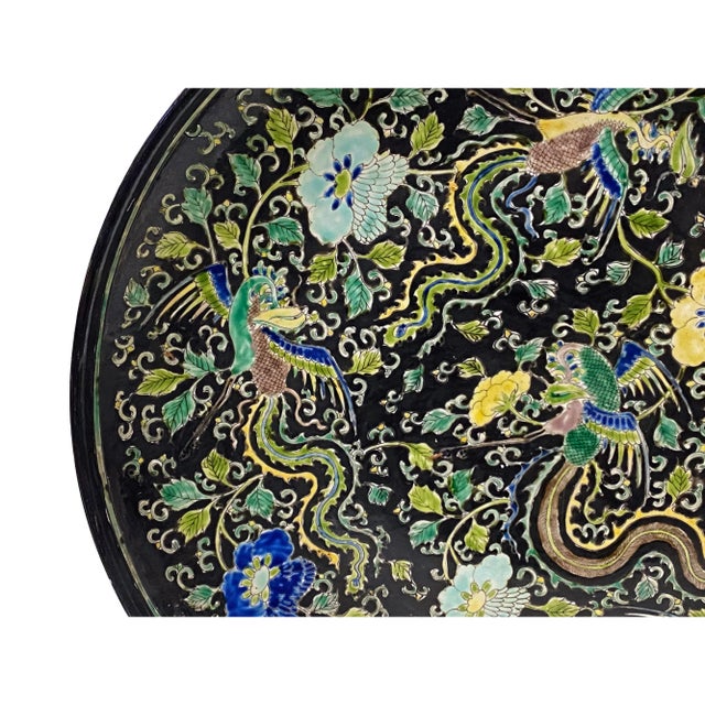 Chinese Vintage Chinese Black Base Mixed Color Phoenix Graphic Porcelain Plate Display For Sale - Image 3 of 9